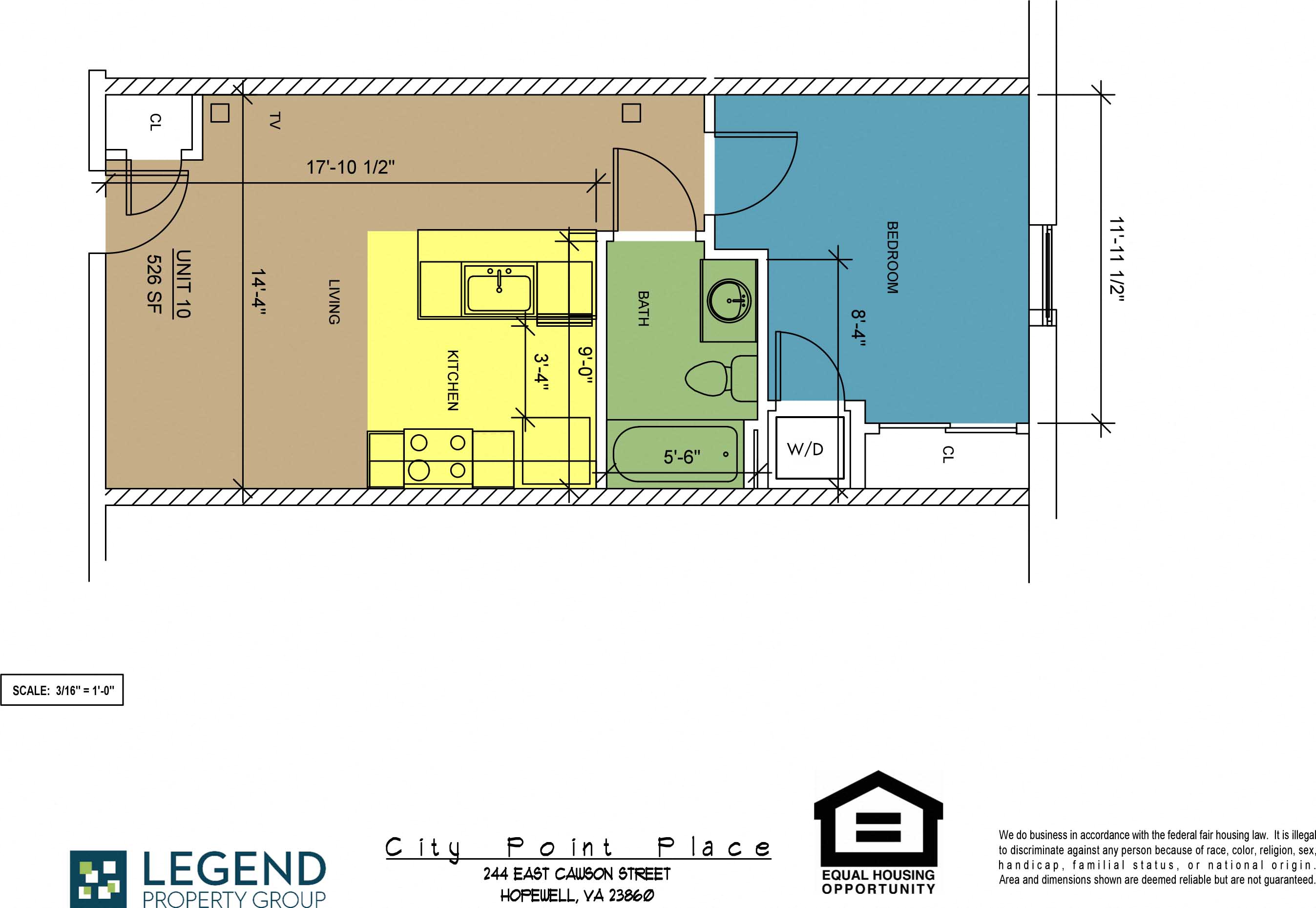 Floor plan for 1 bed, 1 bath, 526 sqft